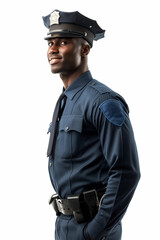 Handsome young happy black policeman isolated against a white background. Police, cop, law enforcer. Friendly expression. Muscular. Blue uniform outfit. With empty badge to place text. African america