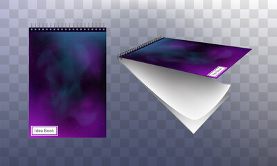 Notebook 3D realistic mockup. Design in outer space style, space, milky way. Vector illustration with realistic light and shadow.