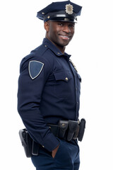 Handsome black policeman isolated against a white background. Police, cop, law enforcer. Friendly expression. Muscular. Blue uniform outfit. With empty badge to place text. African american diversity