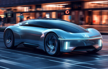 Fototapeta premium Future-forward: an electric family car, sleek and sporty, navigating city streets with style and energy