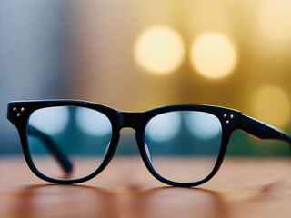 Close-up of glasses with frames on a table on a blurred background