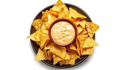 Nachos chips  with sauce on white background