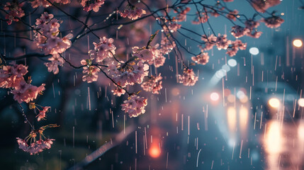 Cherry blossoms bathed in the gentle drizzle, their delicate forms illuminated by the faint glow of streetlights. 8K