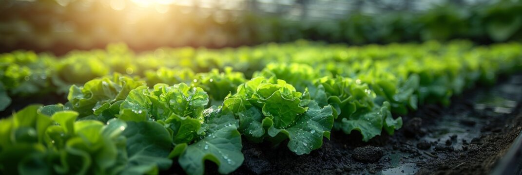 Innovative greenhouse solutions: abundant green crop in modern setting