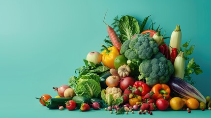 A variety of fresh produce on a vibrant blue backdrop. Perfect for healthy eating concepts