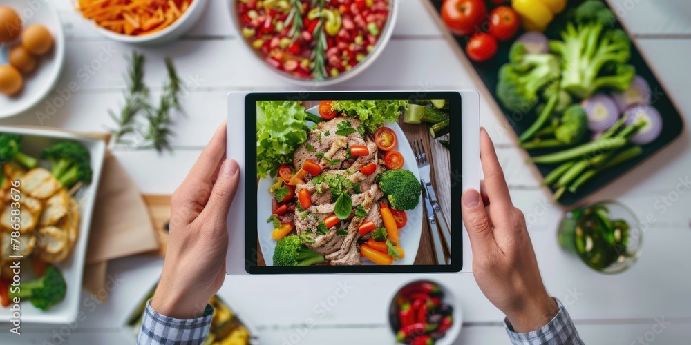 Poster a person holding a tablet displaying a picture of food. ideal for food bloggers or recipe websites