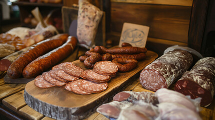Artisanal meats and sausages on display at a neighborhood butcher's shop