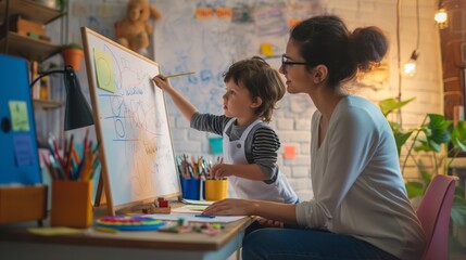 Woman and a young boy brainstorm and write ideas on a whiteboard in a creative home environment