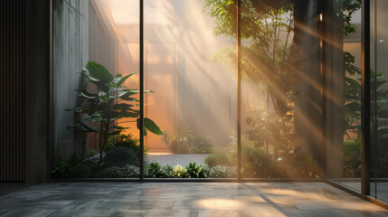 A tranquil natural scene viewed through a window, bathed in the comforting glow of warm sunlight