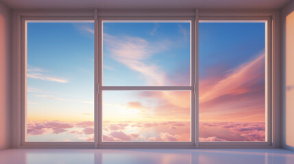 A tranquil natural scene viewed through a window, bathed in the comforting glow of warm sunlight