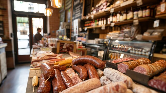 Warm inviting view of a local butcher shop showcasing an array of cured meats with a butcher in the background - Powered by Adobe
