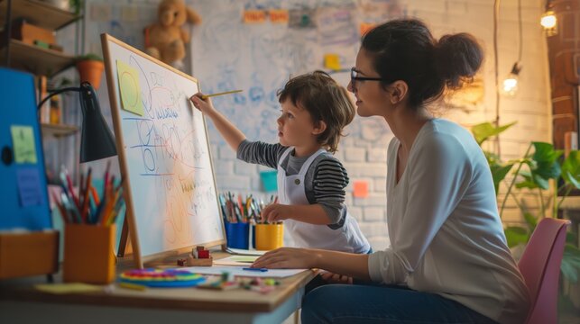 Woman and a young boy brainstorm and write ideas on a whiteboard in a creative home environment