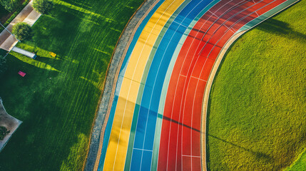 An aerial view of an empty running track, with its distinct, colorful lanes curving beautifully around the field. The soft natural light enhances the vivid colors of the track, cre