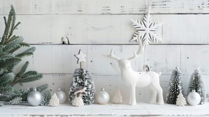 A white deer statue surrounded by festive Christmas trees. Perfect for holiday decorations - Powered by Adobe