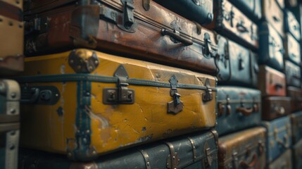 A pile of vintage suitcases stacked together. Perfect for travel or nostalgia concepts - obrazy, fototapety, plakaty