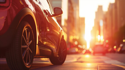 A sleek, compact electric mini car parked in a bustling urban environment, with the sun setting behind the cityscape. The natural light casts long, soft shadows, emphasizing the ca - obrazy, fototapety, plakaty