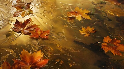 Autumn leaves in golden table
