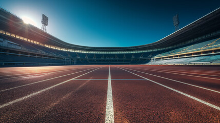A panoramic view of an empty stadium with a running track, the seats cast in shadow while the track glows under a clear sky. This serene moment captures the calm before the storm o - obrazy, fototapety, plakaty