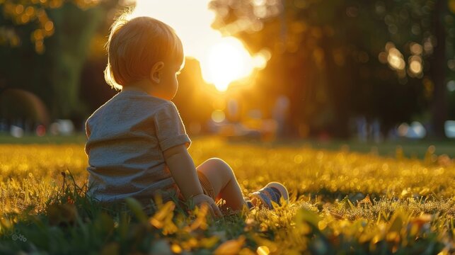 A peaceful image of a small child sitting in the grass at sunset. Ideal for family and nature-themed projects