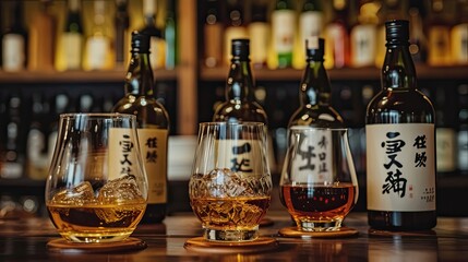 Japanese whiskey with selection of single malts and blends. Alcohol, glass, tasting, sommelier, bar, club, quality drink. People enjoy aromatic drinks and company of friends concept. Generative by AI