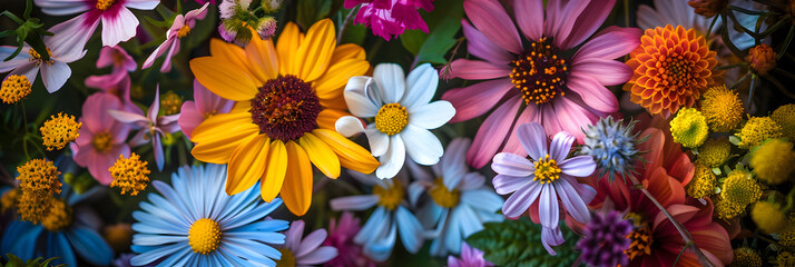 A colorful array of summer flowers, blooming beautifully. - obrazy, fototapety, plakaty
