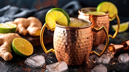 Ice-cold Moscow mule cocktail served in copper mug with ging and lemon. Alcohol, glass, bar, club, quality drink, cocktail. People enjoy aromatic drinks, company of friends concept. Generative by AI - obrazy, fototapety, plakaty