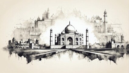 Taj Mahal and Agra cityscape double exposure contemporary style minimalist artwork collage illustration.