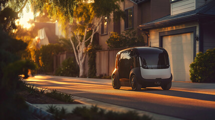 A compact, autonomous mini vehicle used for delivering packages in a suburban neighborhood, parked outside a home. The late afternoon light casts soft shadows, illustrating the rol - obrazy, fototapety, plakaty