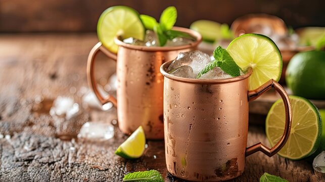 Ice-cold Moscow mule cocktail served in copper mug with ging and lemon. Alcohol, glass, bar, club, quality drink, cocktail. People enjoy aromatic drinks, company of friends concept. Generative by AI