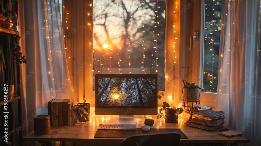 Poster warmly lit home workspace with string lights, sunset view through window, and desktop computer