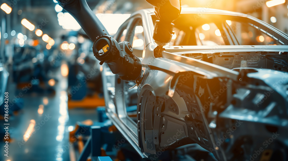 Poster close-up of robotic arms installing components on a car chassis. sunlight streams through nearby win