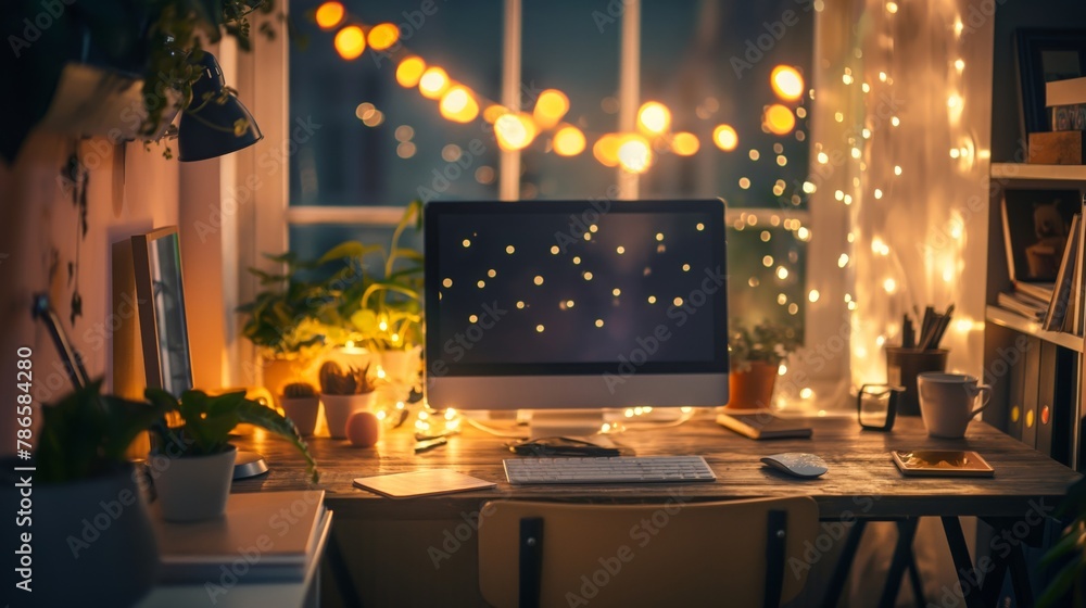 Poster inviting home workspace adorned with twinkling string lights and warming decor elements, creating a 