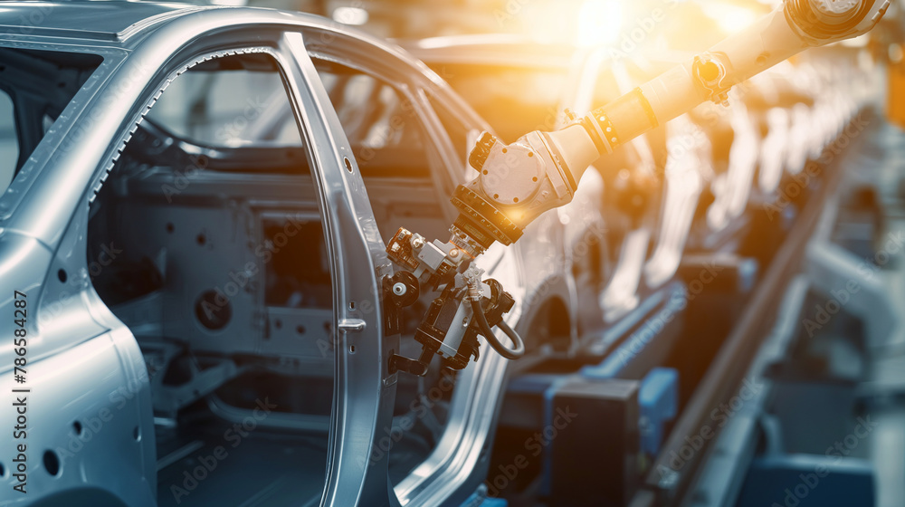 Poster close-up of robotic arms installing components on a car chassis. sunlight streams through nearby win