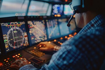 Male controller working at air traffic control in airport tower