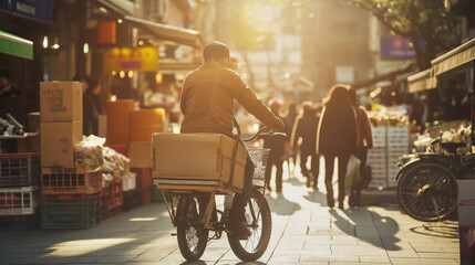 An entrepreneur using a mini cargo bike to transport goods to local customers, riding through a lively street market. The natural sunlight enhances the vibrant setting, casting sof - obrazy, fototapety, plakaty
