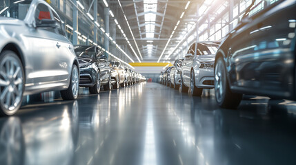 A wide-angle shot of a car production line in a modern factory, with vehicles at various stages of assembly under the expansive skylights. The natural light casts soft, elongated s