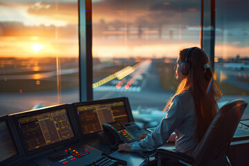 Female controller working at air traffic control in airport tower