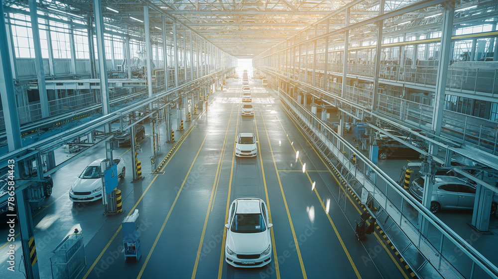Poster a view from above, showing a sprawling car factory floor with lines of vehicles in assembly, illumin