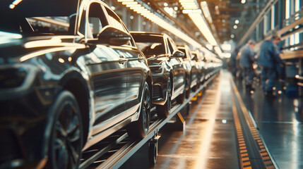A row of partially completed cars moving along a conveyor belt, with workers performing quality checks. The natural light from overhead illuminates the scene, creating a dynamic pl