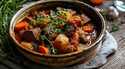 Hearty beef stew with red wine root vegetables, fresh herbs. Restaurant dish, serving, close-up, seasonal offering, difficult to prepare. Culinary excellence, sophistication concept. Generative by AI