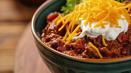 Fototapeta premium Hearty beef chili topped with shredded cheese, sour cream. Restaurant dish, serving, close-up, seasonal offering, difficult to prepare. Culinary excellence, sophistication concept. Generative by AI