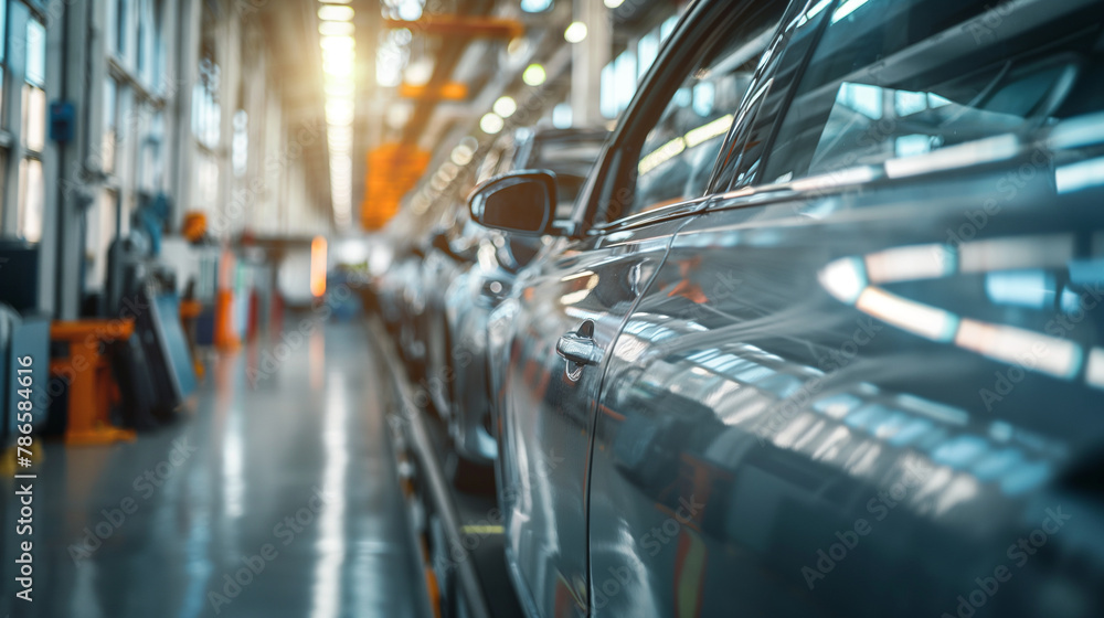 Poster a scene focusing on the installation of windshields by automated machines, with the natural light fr