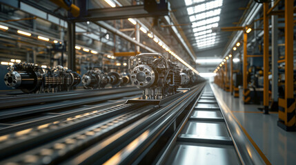 Fototapeta premium A conveyor belt carrying car engines towards assembly, illuminated by strips of natural light from skylights above, which cast soft, industrial shadows across the metallic surfaces