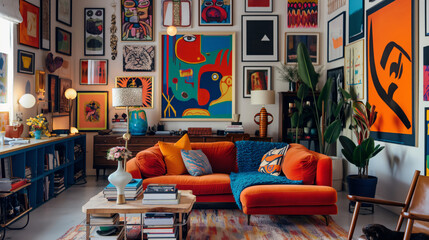 Cozy and colorful home office space adorned with a variety of vibrant artwork and comfortable furnishings