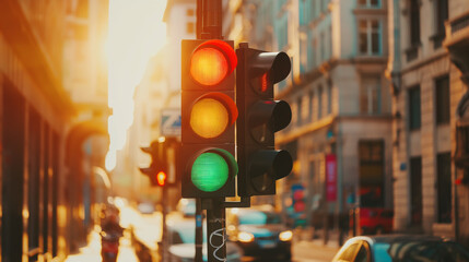 An old-fashioned traffic light in a historic district, surrounded by modern traffic signs and lights. This juxtaposition highlights the evolution of road systems and their integral - obrazy, fototapety, plakaty