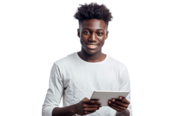 Studio portrait company business worker smart young African American man with serious face holding tablet, isolated on transparent png background.
