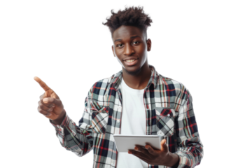Studio portrait company business worker smart young African American man with serious face holding tablet, isolated on transparent png background.