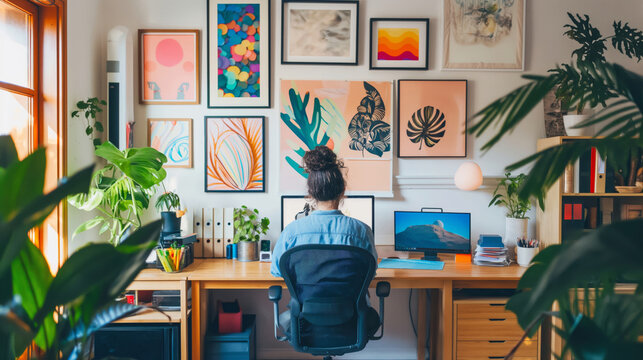 Woman sits at a tidy desk in a vibrant home office adorned with an array of colorful art pieces on the wall. Back view