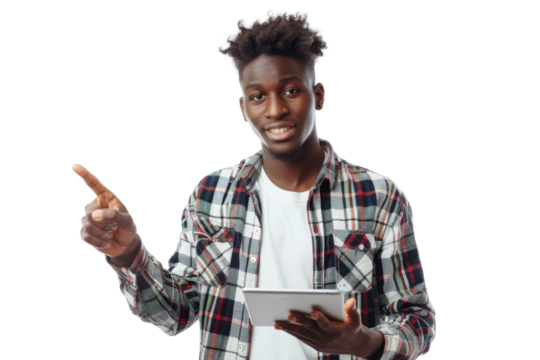 Studio portrait company business worker smart young African American man with serious face holding tablet, isolated on transparent png background.