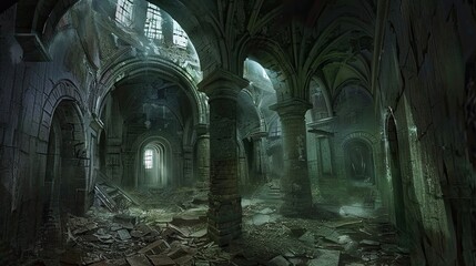 Forgotten catacombs beneath a ruined cathedral, remains of lost civilization. Mysticism, paranormalism, a place forgotten by everyone, dust, dampness, underground structure, fear. Generative by AI